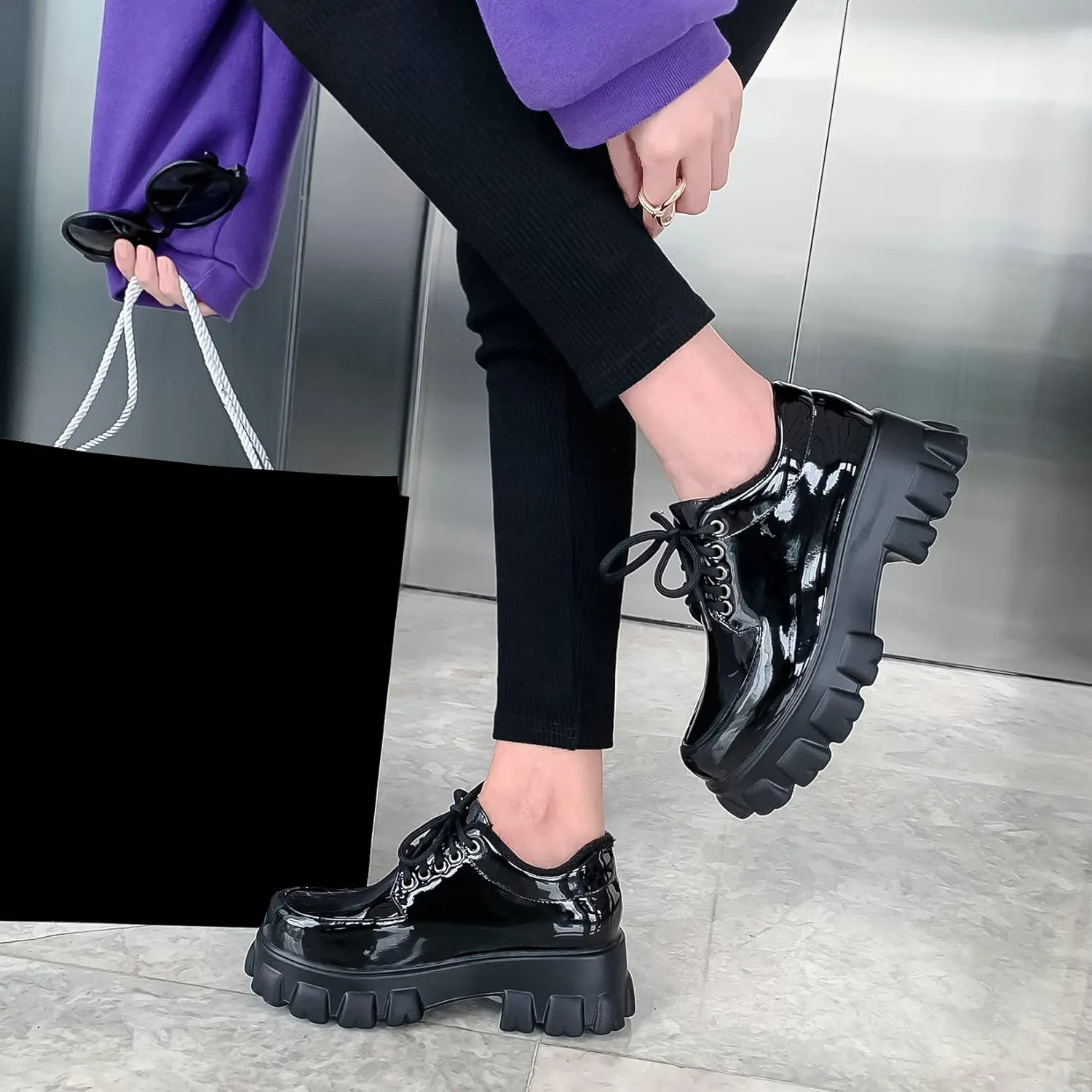 Womens Lug Sole Platform Goth Shoes Chunky Heel Lace Up Oxford Pumps Round Toe