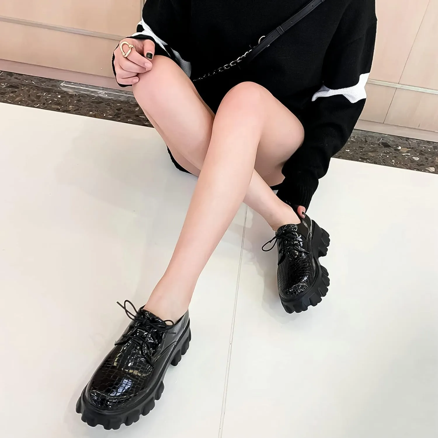 Womens Lug Sole Platform Goth Shoes Chunky Heel Lace Up Oxford Pumps Round Toe
