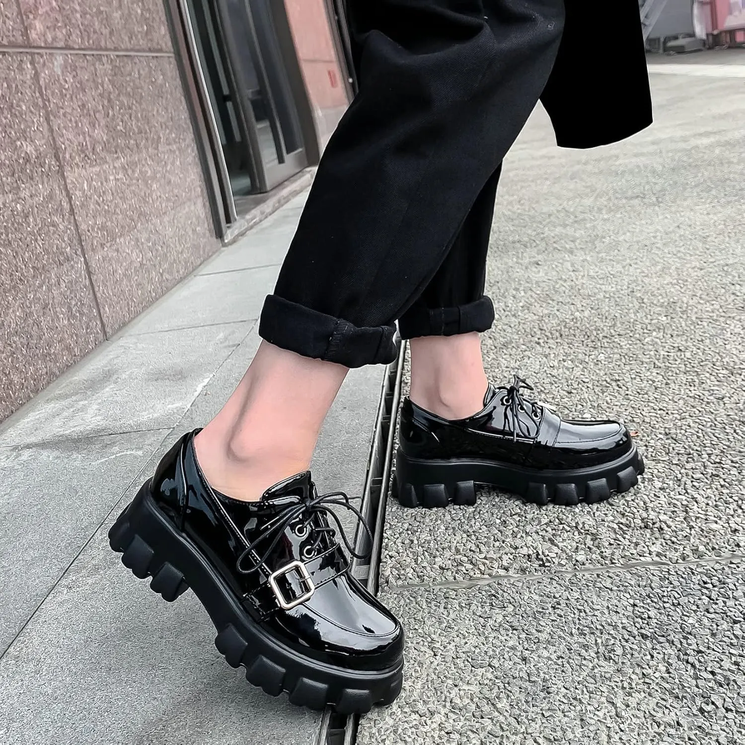 Womens Lug Sole Platform Goth Shoes Chunky Heel Lace Up Oxford Pumps Round Toe