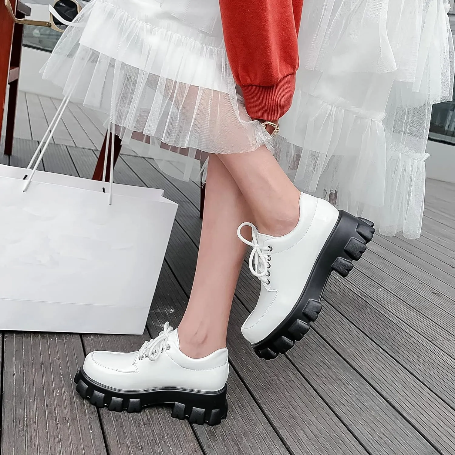 Womens Lug Sole Platform Goth Shoes Chunky Heel Lace Up Oxford Pumps Round Toe