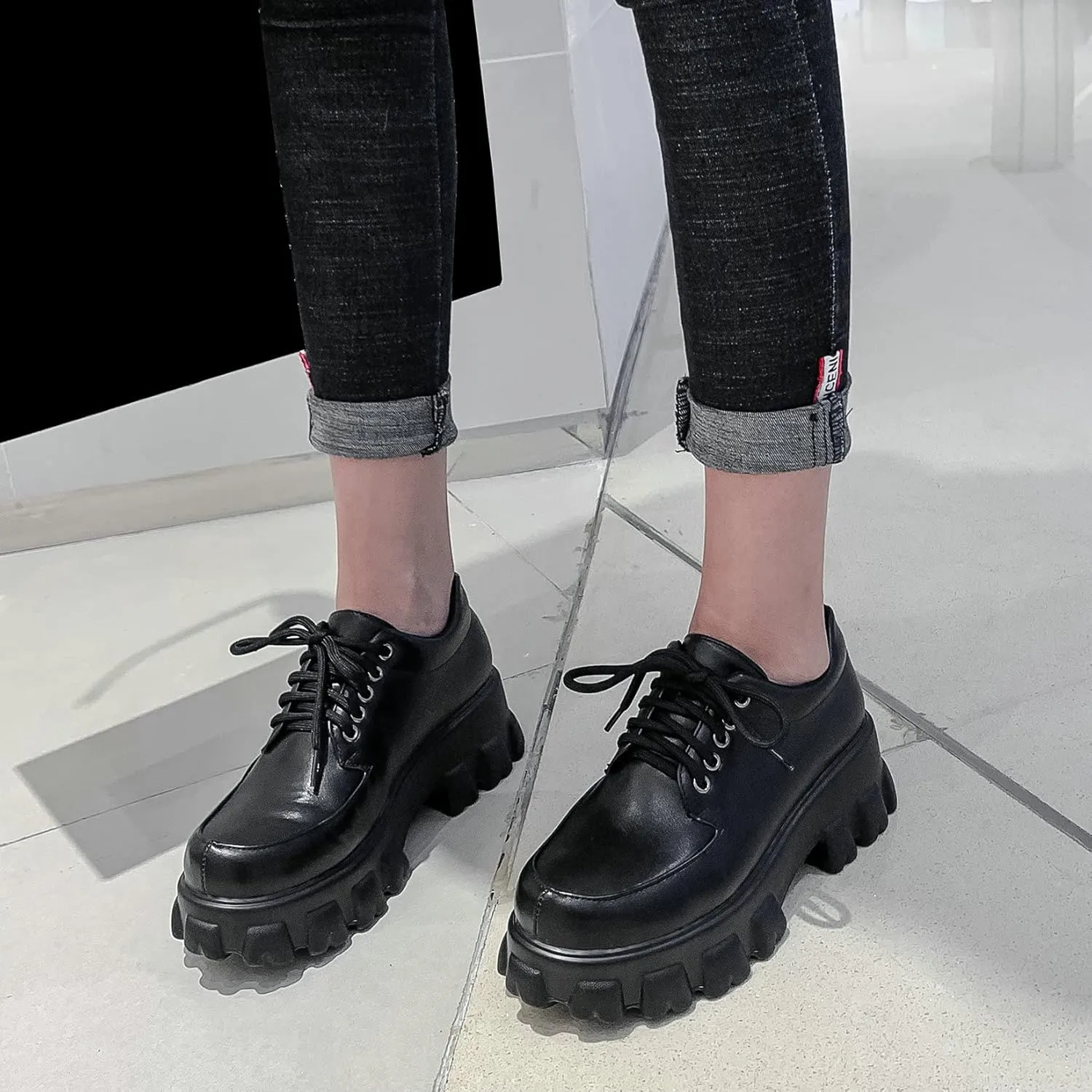 Womens Lug Sole Platform Goth Shoes Chunky Heel Lace Up Oxford Pumps Round Toe
