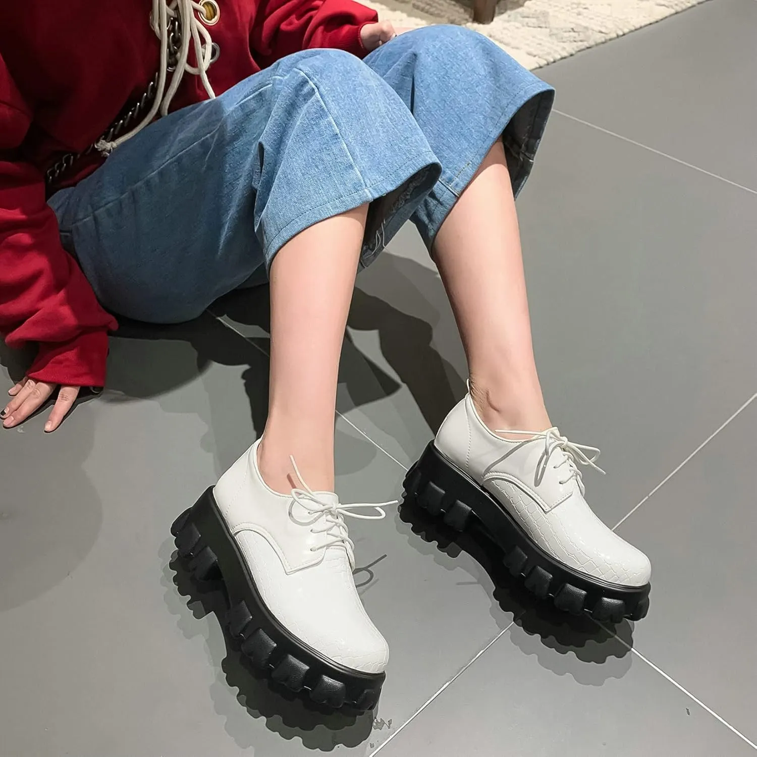 Womens Lug Sole Platform Goth Shoes Chunky Heel Lace Up Oxford Pumps Round Toe