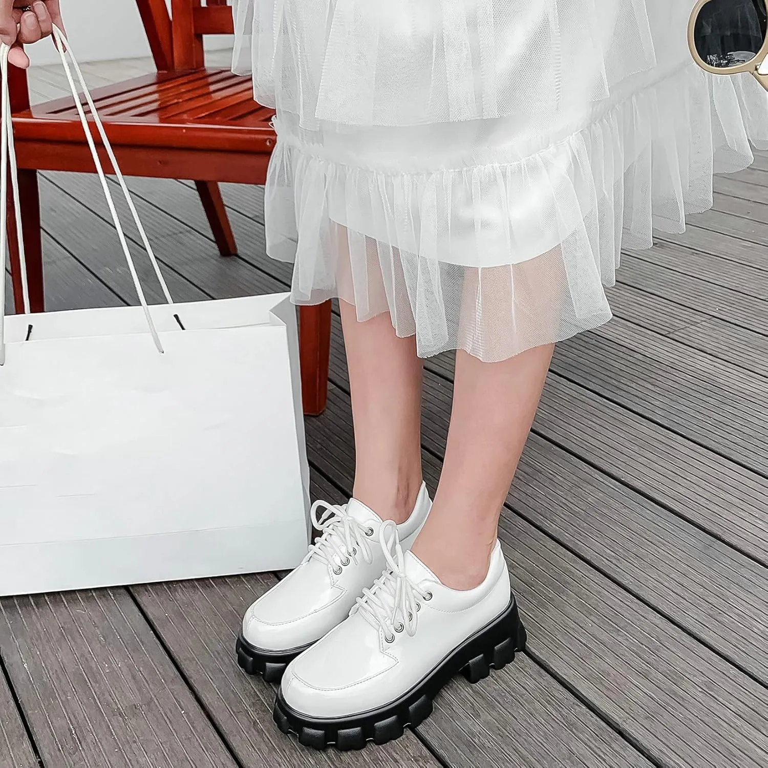 Womens Lug Sole Platform Goth Shoes Chunky Heel Lace Up Oxford Pumps Round Toe