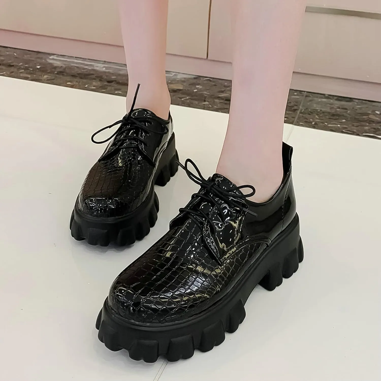 Womens Lug Sole Platform Goth Shoes Chunky Heel Lace Up Oxford Pumps Round Toe