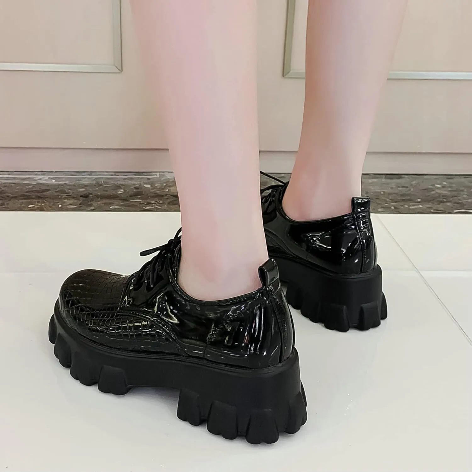 Womens Lug Sole Platform Goth Shoes Chunky Heel Lace Up Oxford Pumps Round Toe