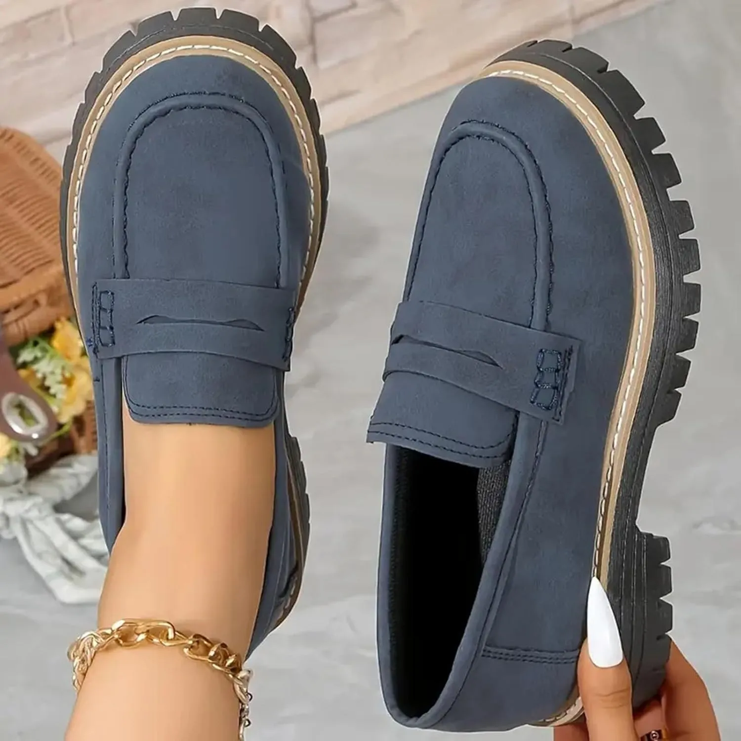 Womens Platform Chunky Penny Loafer Lug Sole Slip Comfortable Suede Dress Work Office Business Casual Shoes