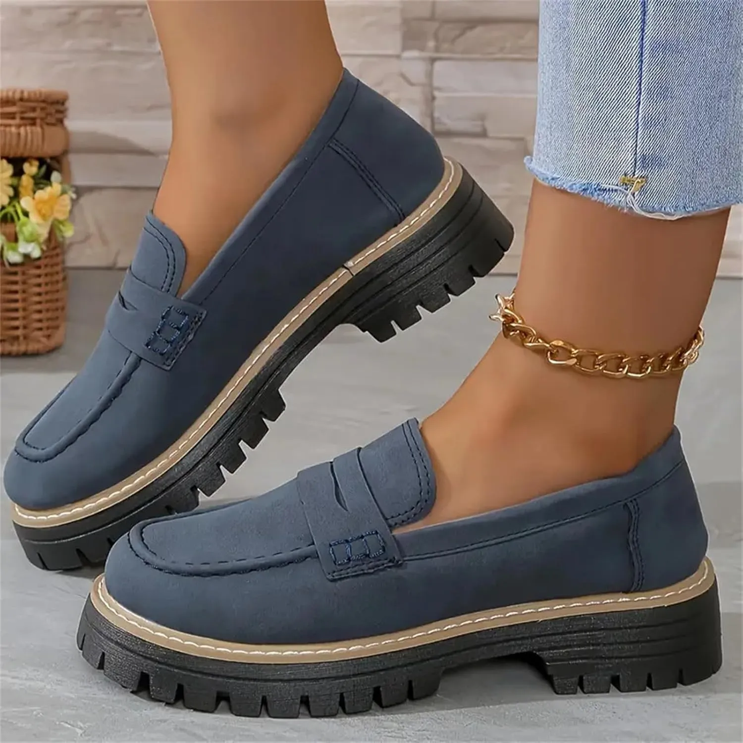 Womens Platform Chunky Penny Loafer Lug Sole Slip Comfortable Suede Dress Work Office Business Casual Shoes