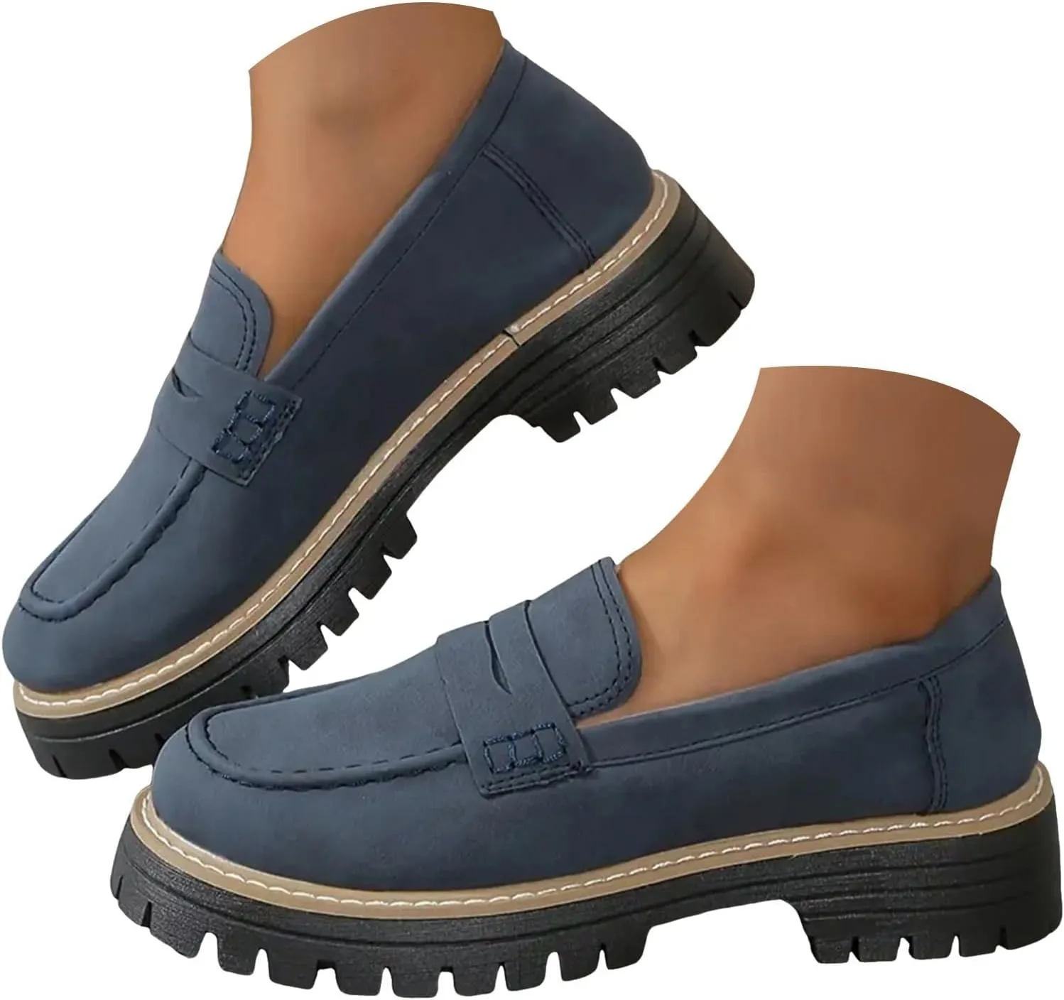 Womens Platform Chunky Penny Loafer Lug Sole Slip Comfortable Suede Dress Work Office Business Casual Shoes