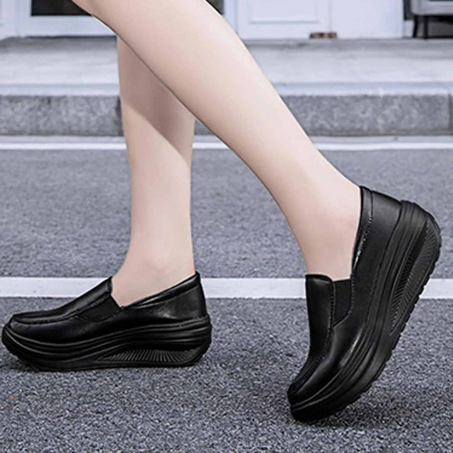 Womens Platform Shoes Stylish Standing All Day Rocker Bottom Comfy Walking Sneakers Wedge Round-Toe Work Shoes