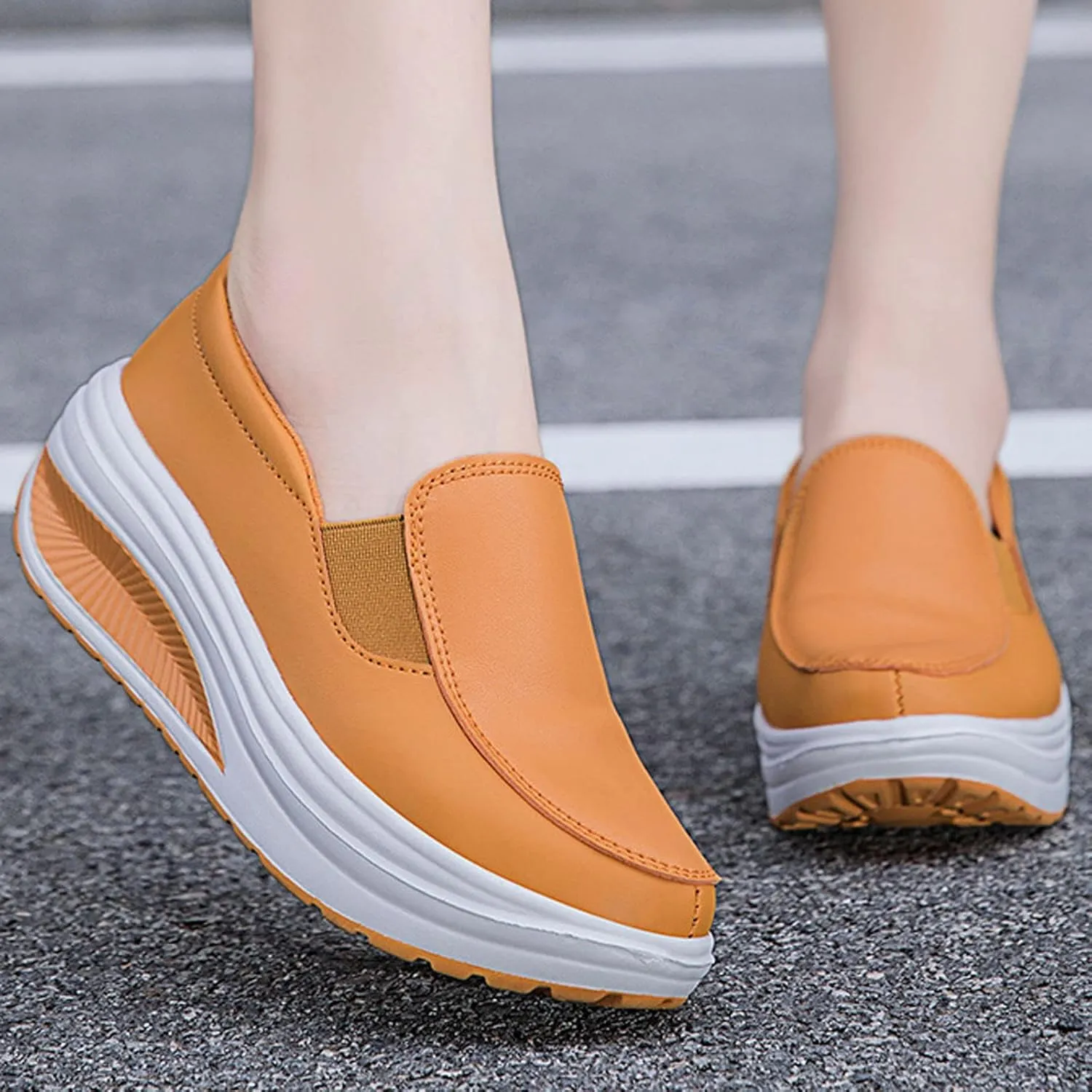 Womens Platform Shoes Stylish Standing All Day Rocker Bottom Comfy Walking Sneakers Wedge Round-Toe Work Shoes