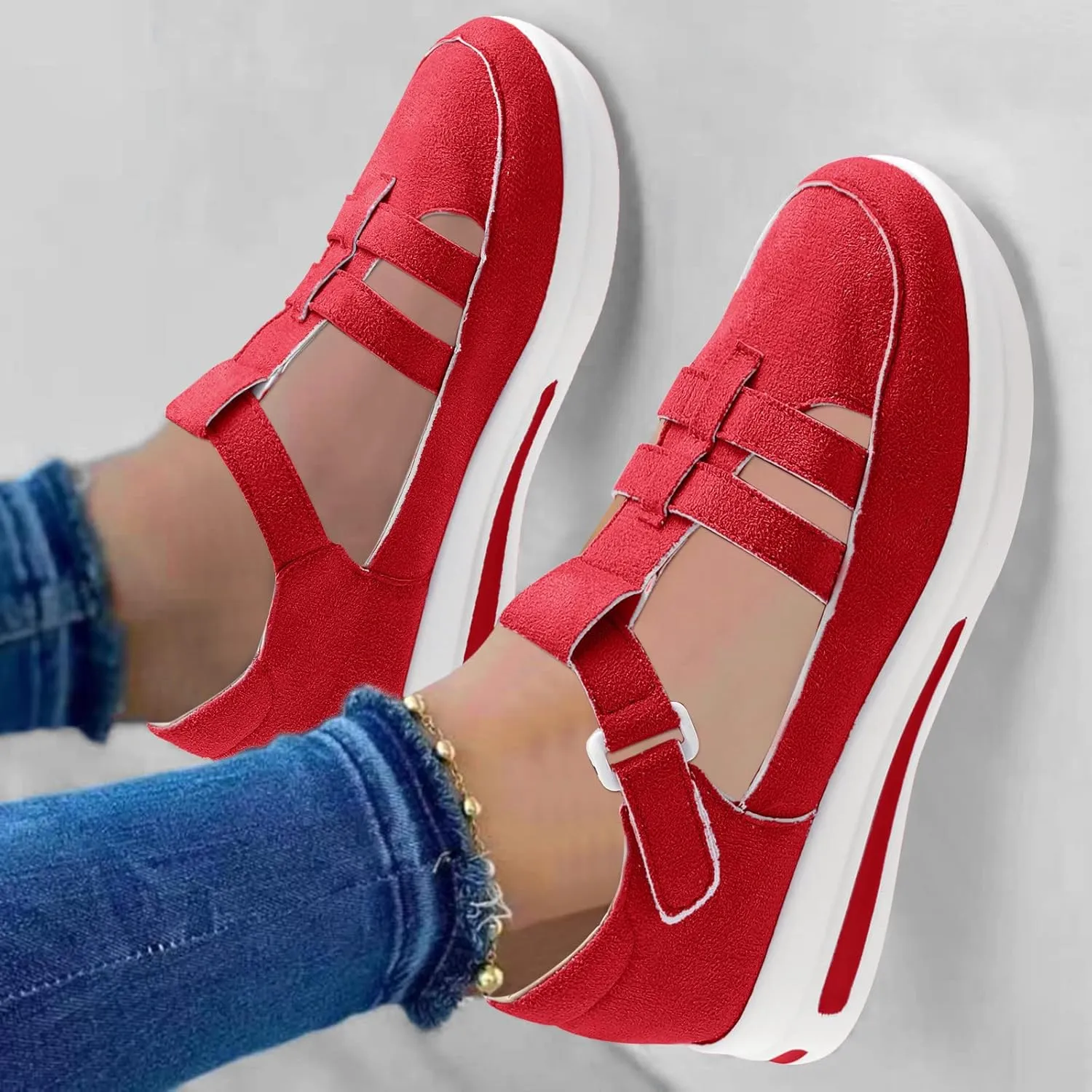 Womens Running Shoes Hollowed Out Flock Hook Loop Shoes Casual Thick Sole Shoes Arch Support Walking Shoes