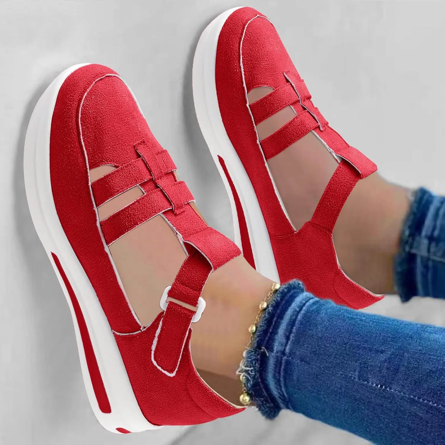 Womens Running Shoes Hollowed Out Flock Hook Loop Shoes Casual Thick Sole Shoes Arch Support Walking Shoes