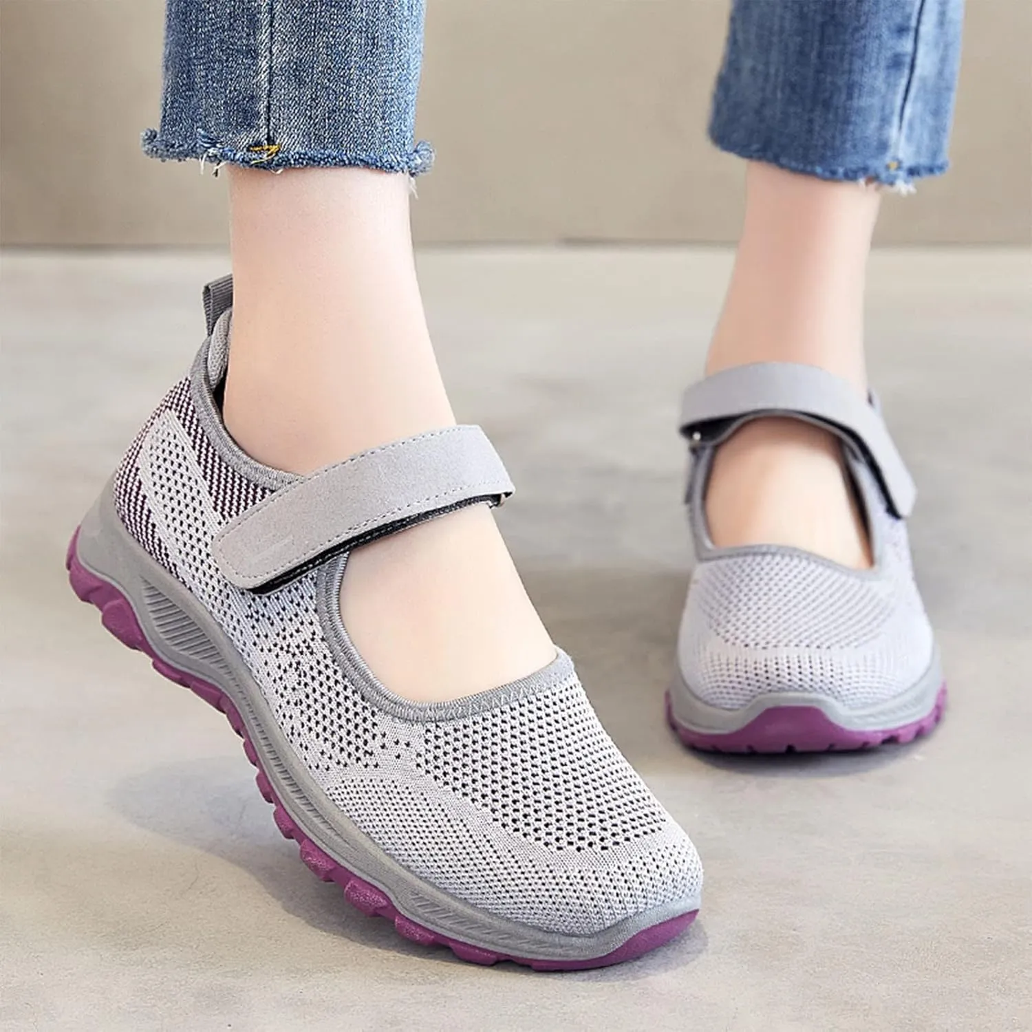 Women's Sneakers Fly Woven Mesh Breathable Sneakers Lightweight Hook Loop Casual Sneakers Non Slip Tennis Shoes