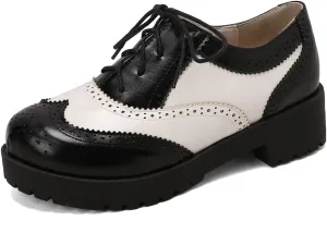 Women's Two Tone Flat Oxfords Shoes Lace Up Wingtip Perforated Low Heel Vintage Saddle Oxford Brogues