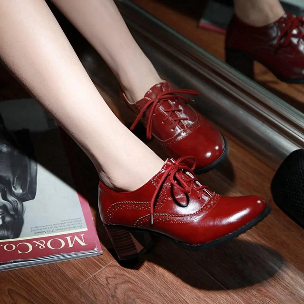 Women's Vintage Lace Up Pump Oxfords Round Toe Two Tone Wingtip Block Low Heel Brogues Dress Shoes