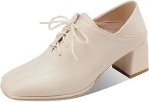 Women's Vintage Lace Up Pump Oxfords Square Toe Chunky Block Mid Heel Brogues Office Dress Shoes
