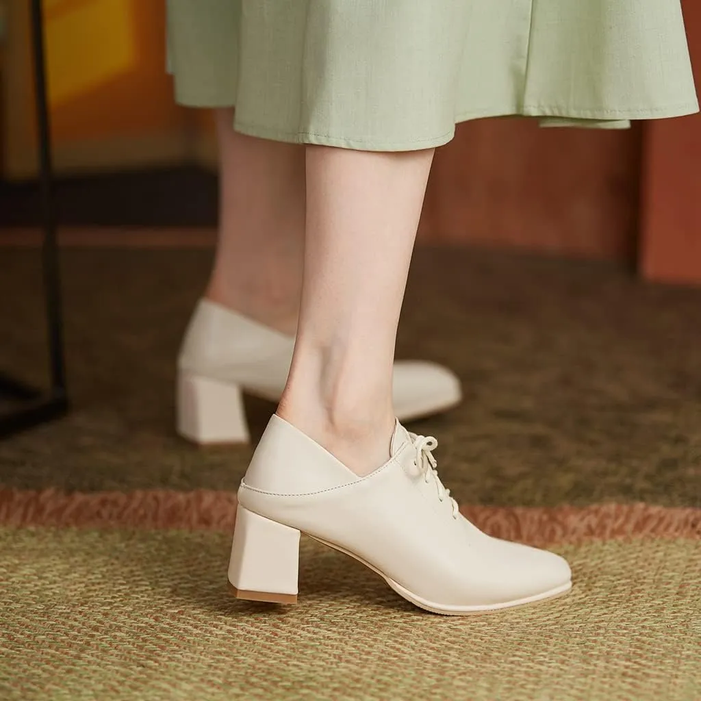 Women's Vintage Lace Up Pump Oxfords Square Toe Chunky Block Mid Heel Brogues Office Dress Shoes