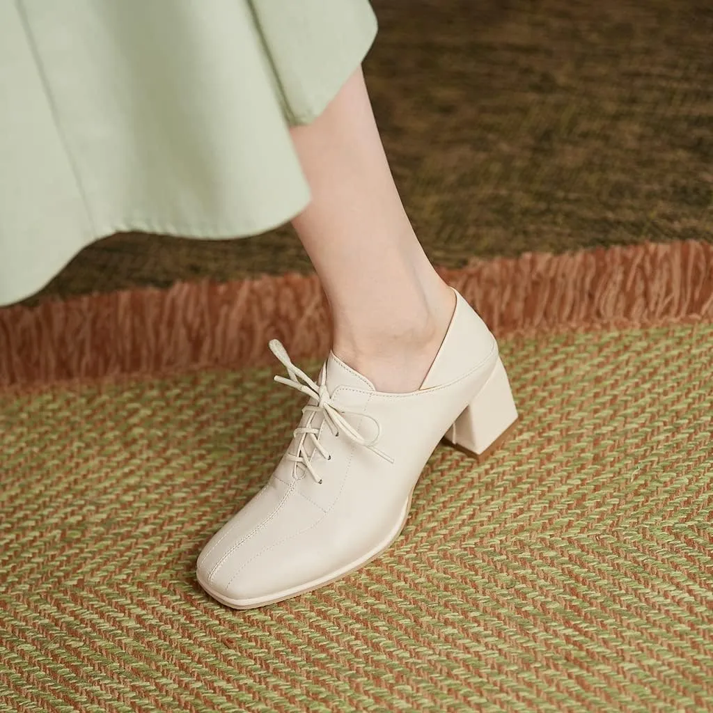 Women's Vintage Lace Up Pump Oxfords Square Toe Chunky Block Mid Heel Brogues Office Dress Shoes