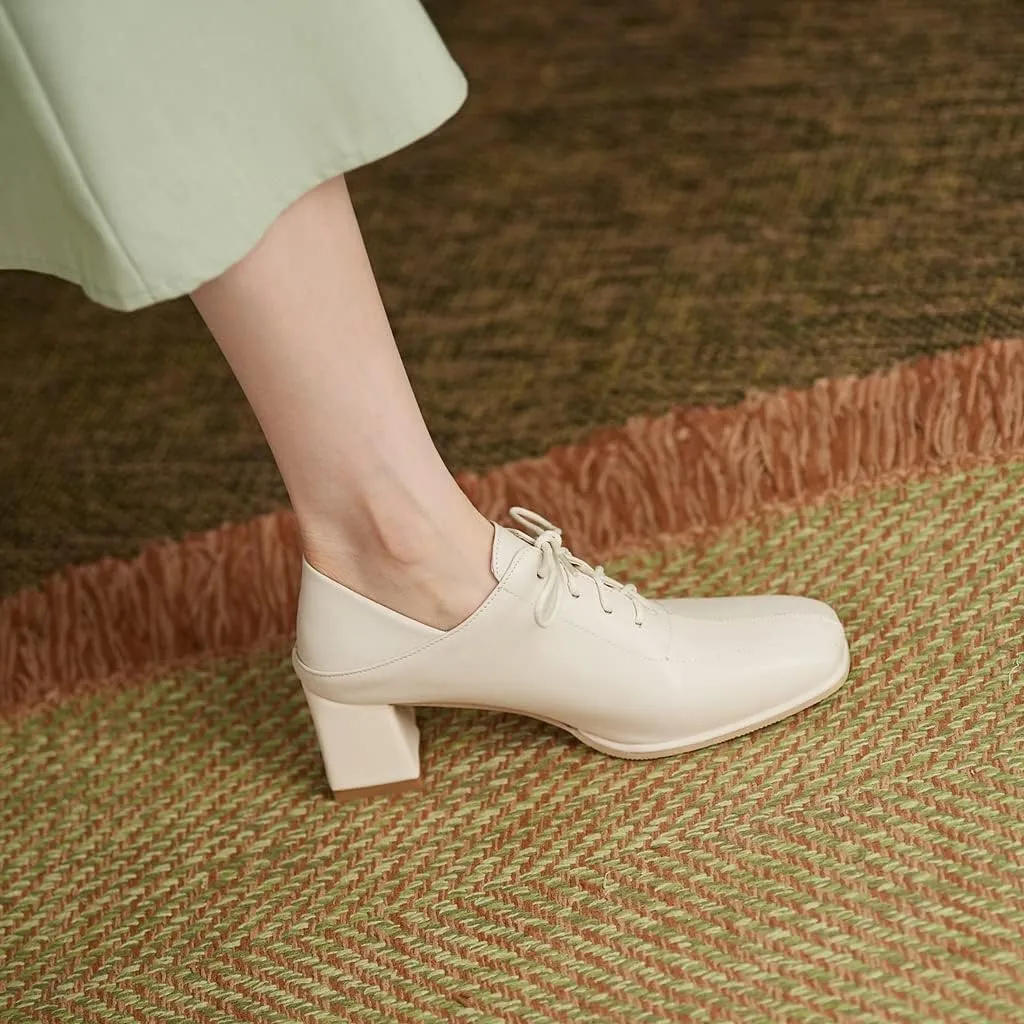 Women's Vintage Lace Up Pump Oxfords Square Toe Chunky Block Mid Heel Brogues Office Dress Shoes