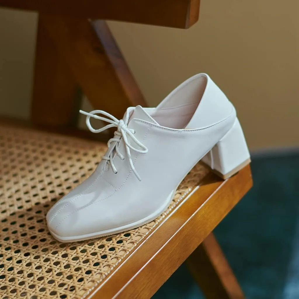 Women's Vintage Lace Up Pump Oxfords Square Toe Chunky Block Mid Heel Brogues Office Dress Shoes