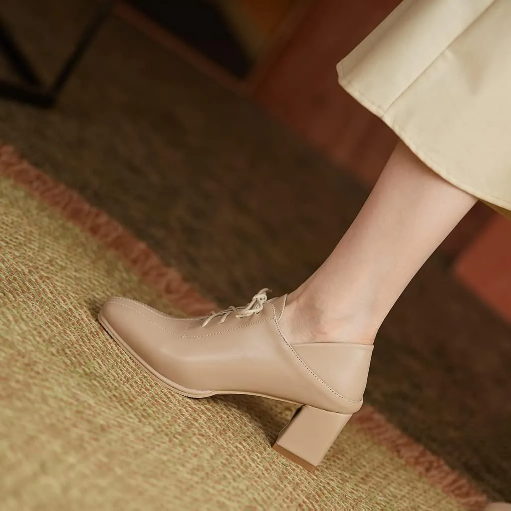 Women's Vintage Lace Up Pump Oxfords Square Toe Chunky Block Mid Heel Brogues Office Dress Shoes