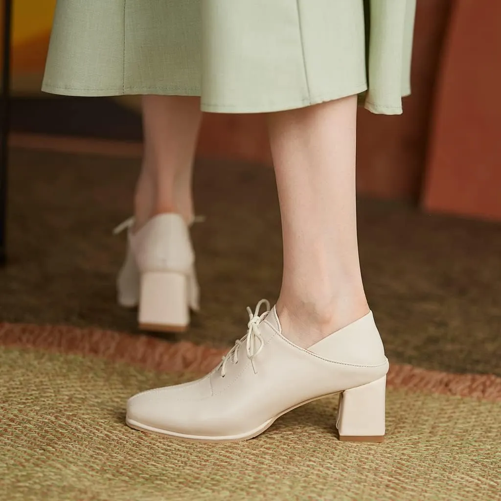 Women's Vintage Lace Up Pump Oxfords Square Toe Chunky Block Mid Heel Brogues Office Dress Shoes