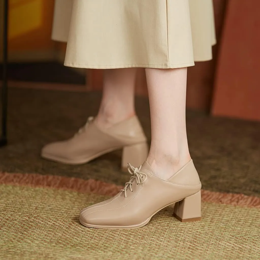 Women's Vintage Lace Up Pump Oxfords Square Toe Chunky Block Mid Heel Brogues Office Dress Shoes