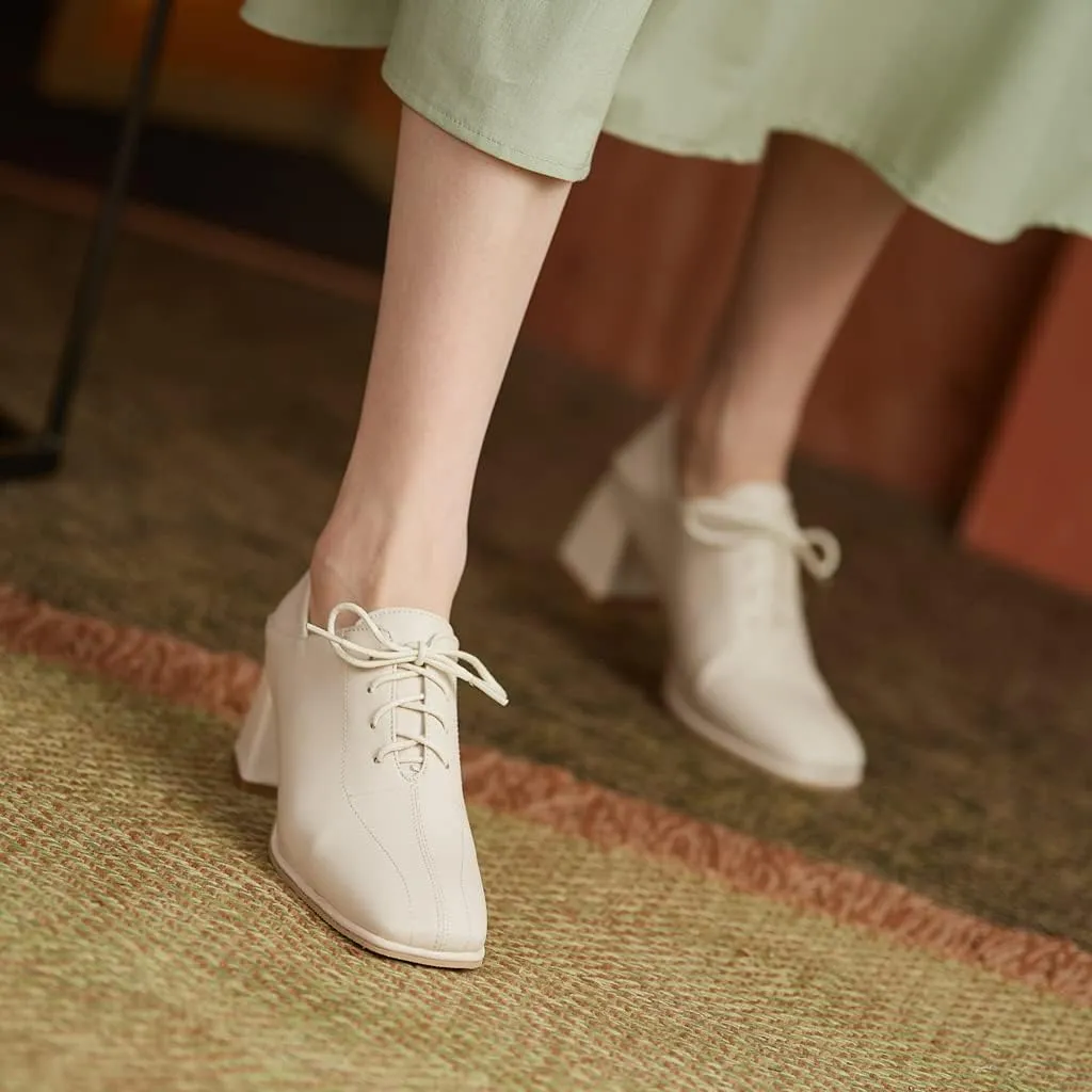 Women's Vintage Lace Up Pump Oxfords Square Toe Chunky Block Mid Heel Brogues Office Dress Shoes