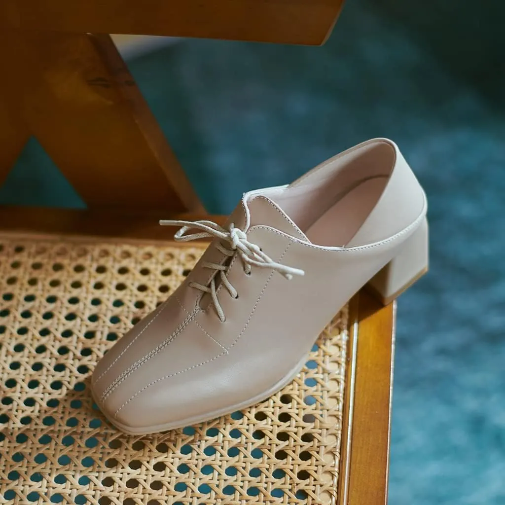 Women's Vintage Lace Up Pump Oxfords Square Toe Chunky Block Mid Heel Brogues Office Dress Shoes