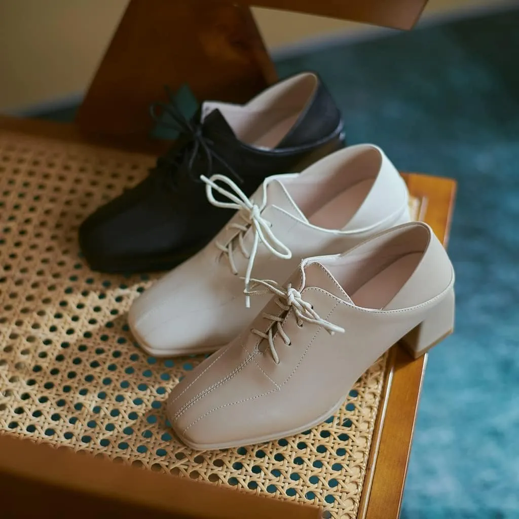 Women's Vintage Lace Up Pump Oxfords Square Toe Chunky Block Mid Heel Brogues Office Dress Shoes