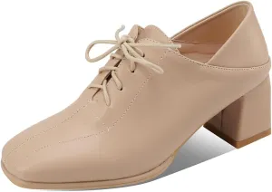 Women's Vintage Lace Up Pump Oxfords Square Toe Chunky Block Mid Heel Brogues Office Dress Shoes