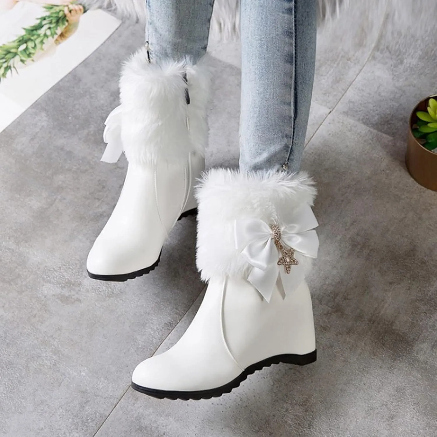 Women's Wedge Ankle Booties Side Zipper Outdoor Fur Lined Warm Winter Boots Comfortable Shoes for Women