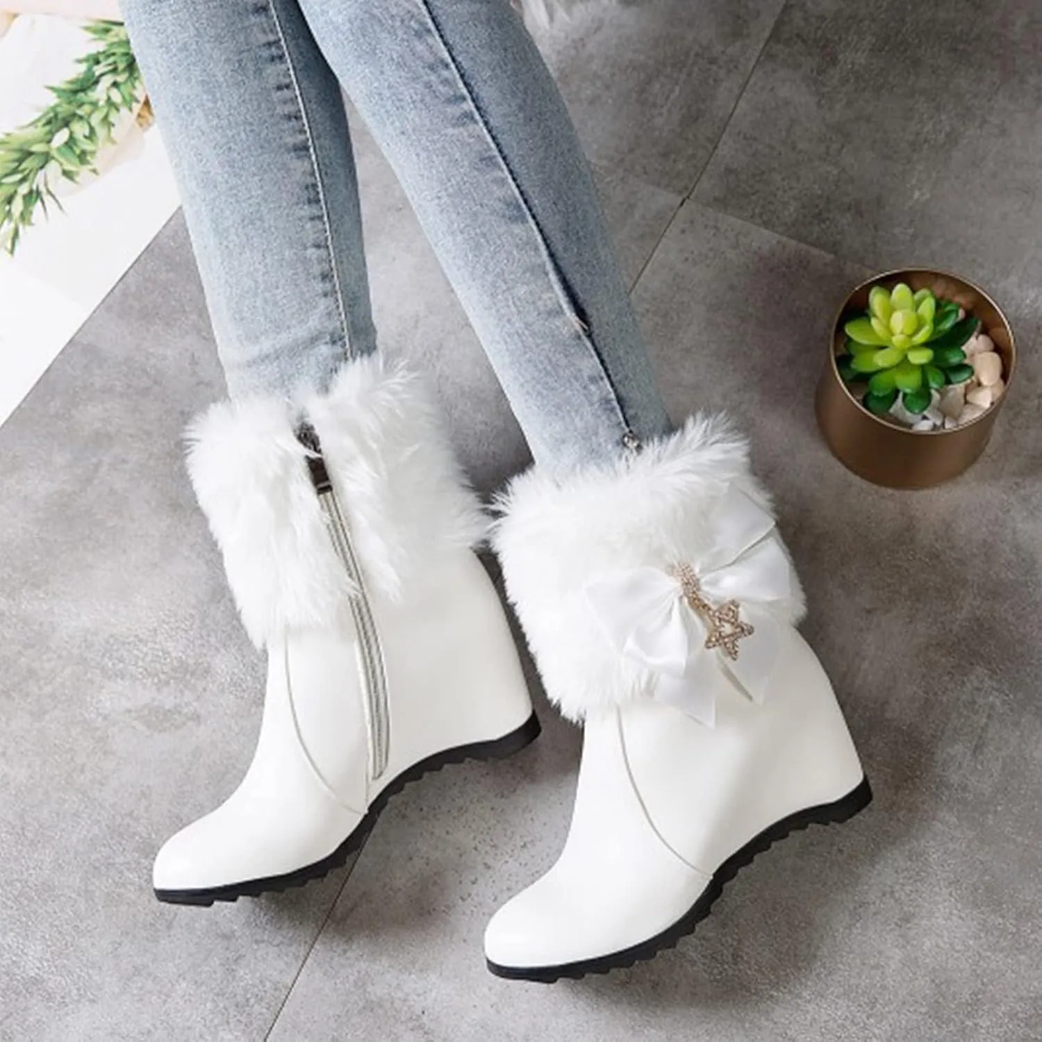 Women's Wedge Ankle Booties Side Zipper Outdoor Fur Lined Warm Winter Boots Comfortable Shoes for Women