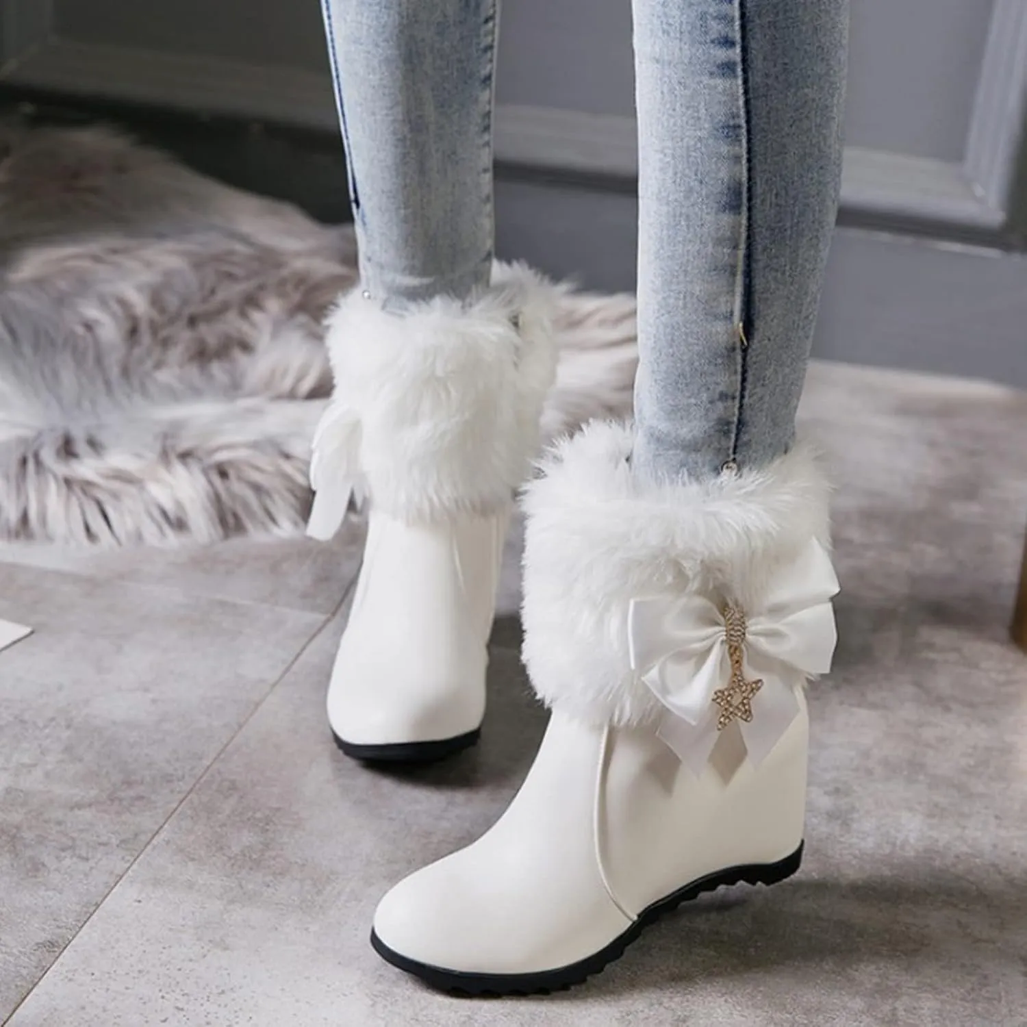 Women's Wedge Ankle Booties Side Zipper Outdoor Fur Lined Warm Winter Boots Comfortable Shoes for Women