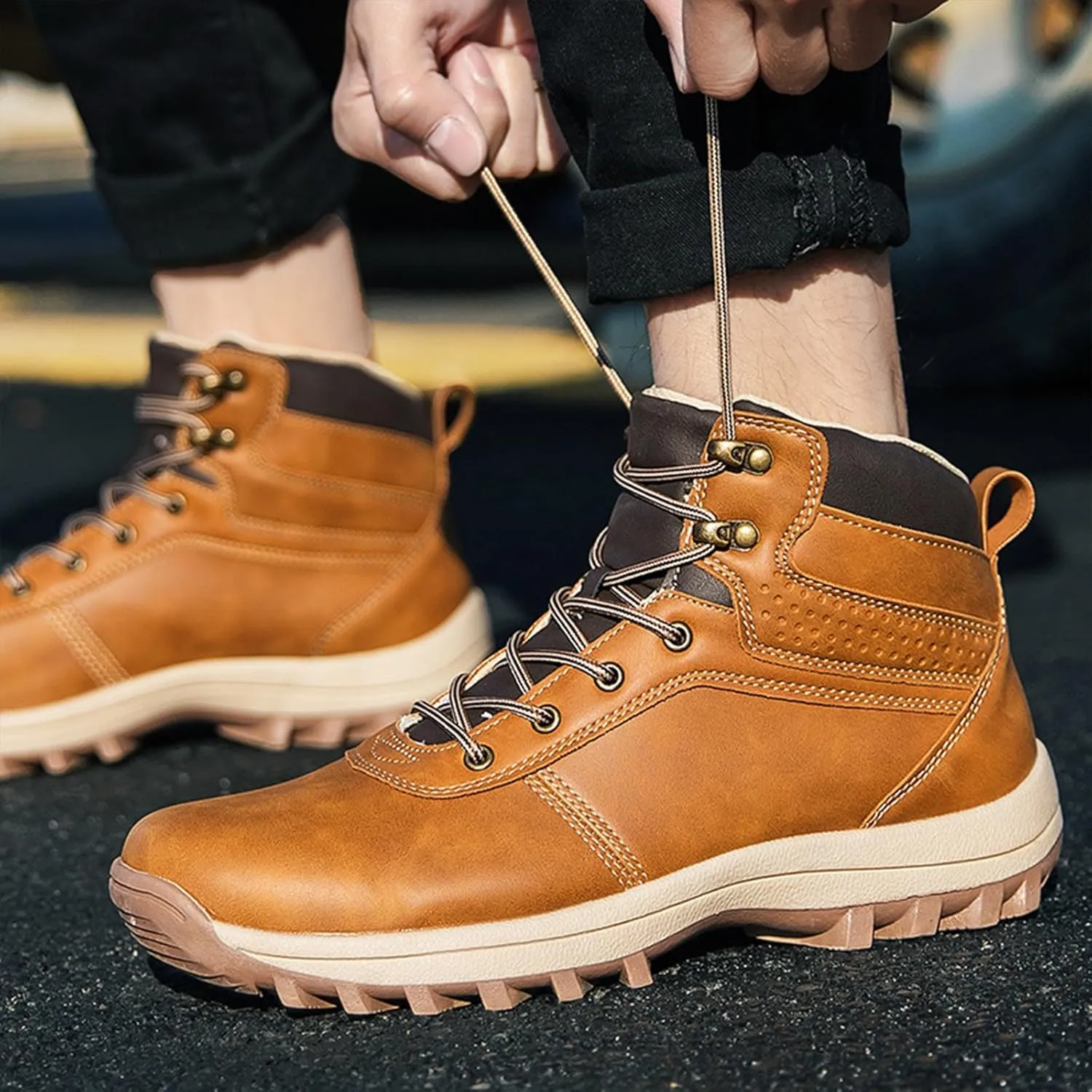 Work Boots for Men Cowboy Style Hiking Sneakers Fur Lined Ankle Boot Women's Safety Shoes Waterproof Platform Shoes Slip Resistant Safety Hike Grounded Footwear