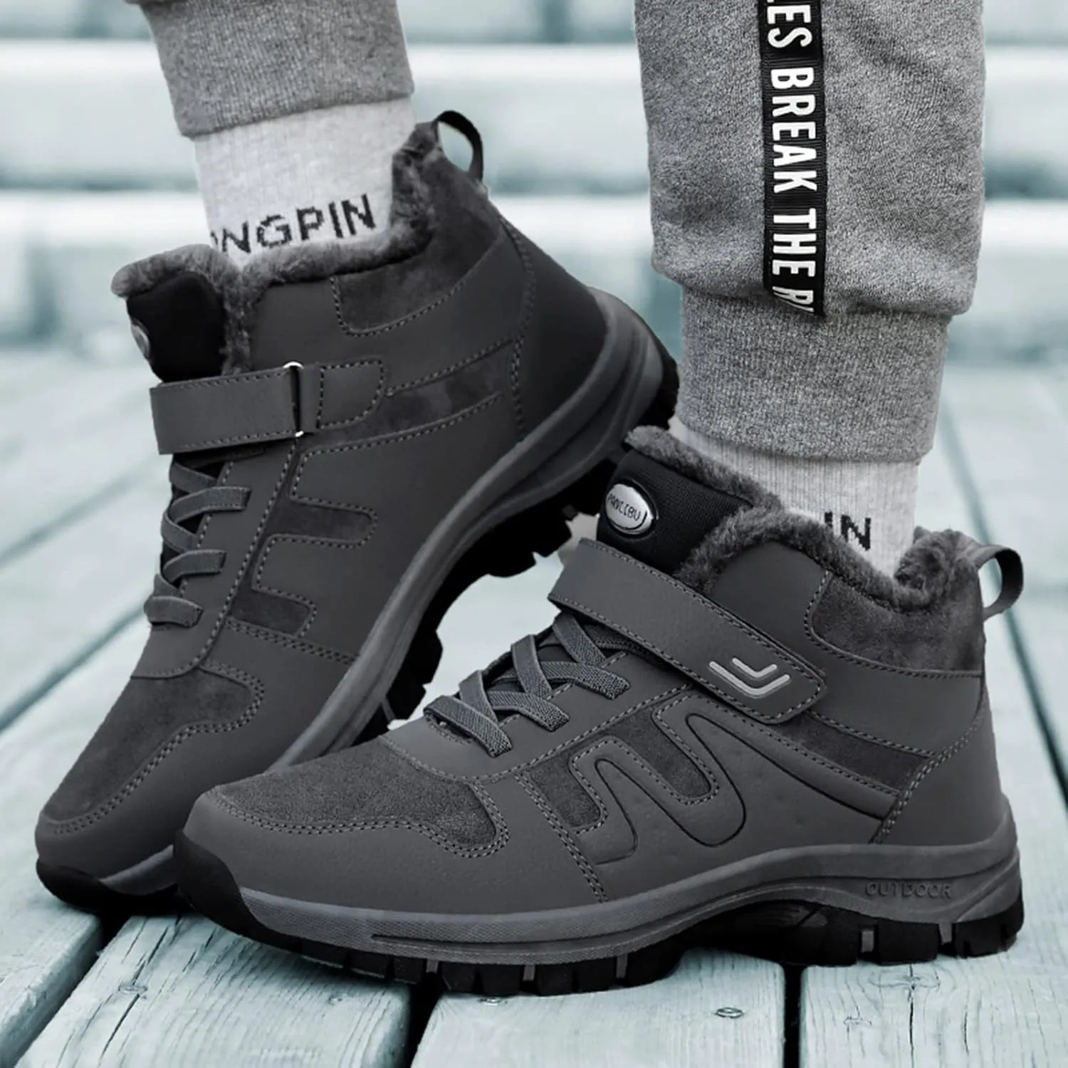 Work Boots for Men Waterproof Hiking Sneakers Warm Fur Lined Womens Safety Toe Shoes with Zipper Winter Outdoor Botas Waterproof Non Slip Hike Grounded Footwear